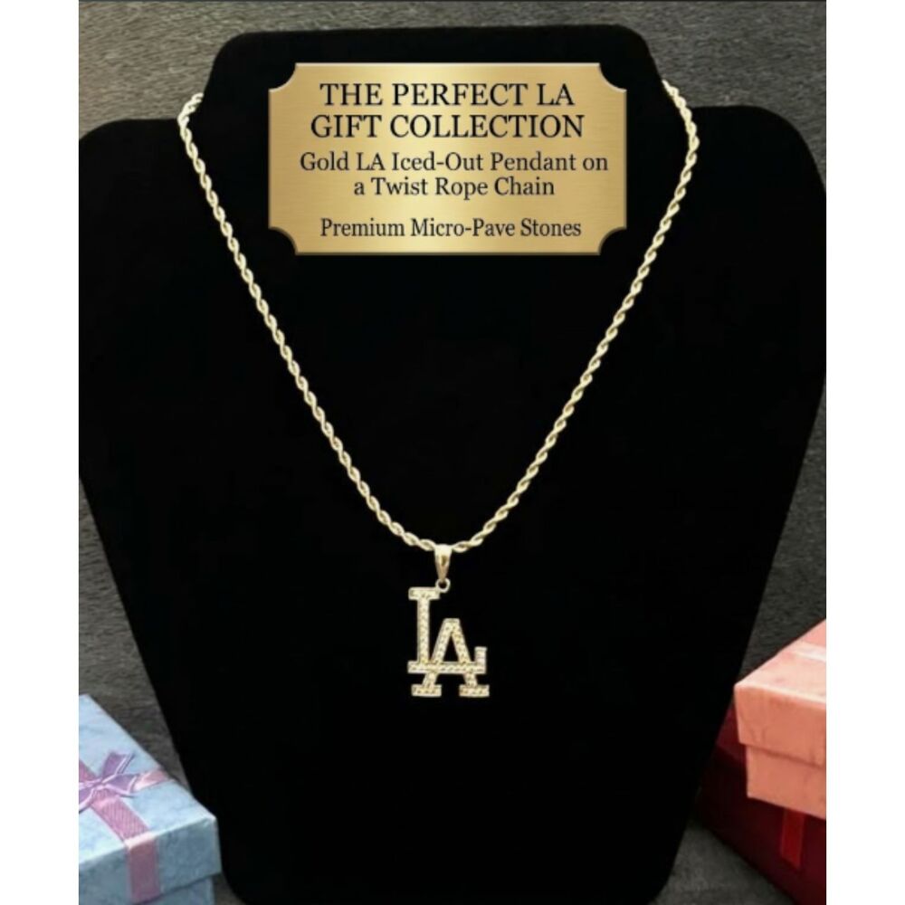 Gold Filled LA Los Angeles Pendant Necklace 2.5mm 18" Rope Chain Iced Out CZ